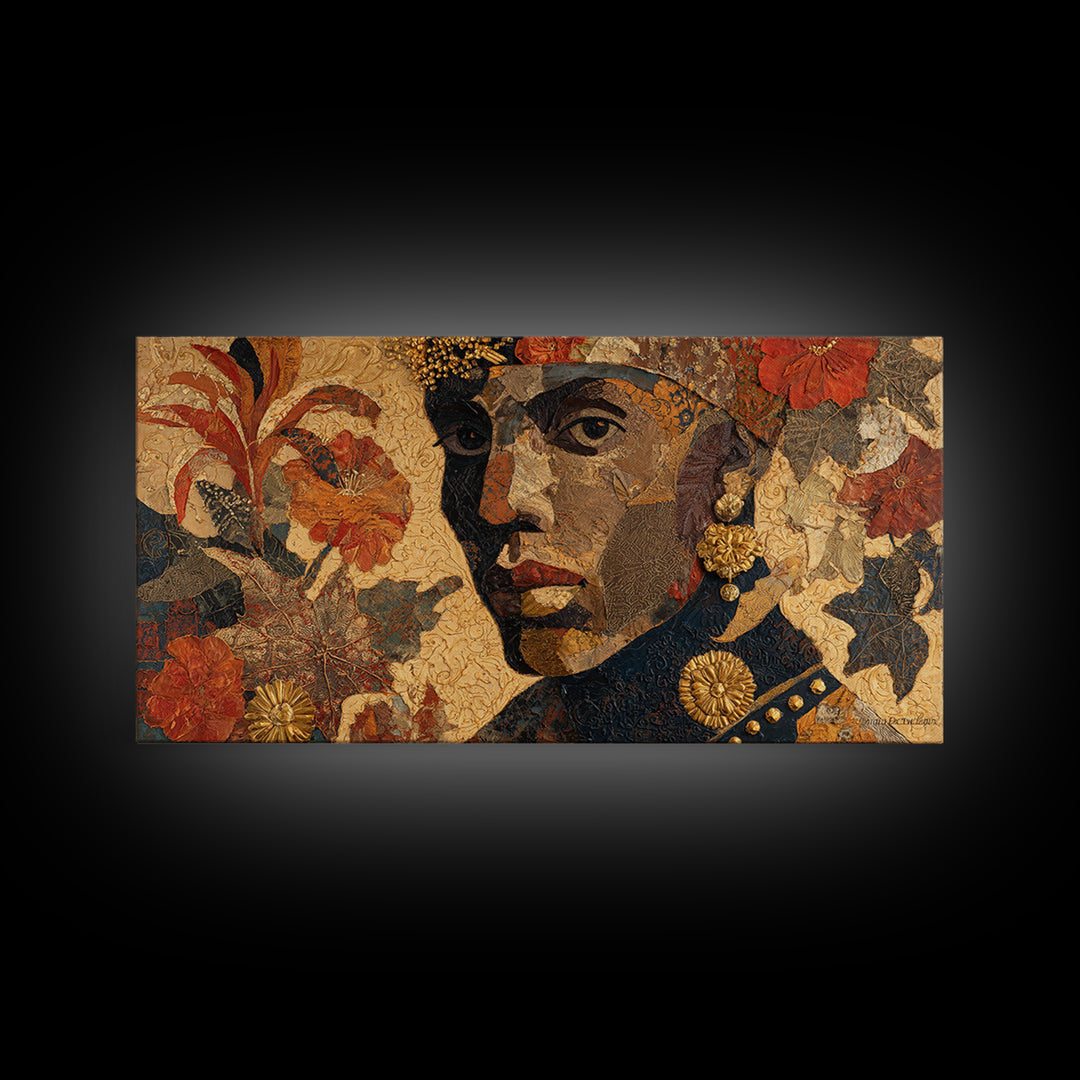 Expressive Portrait with Ornate Floral Background and Canvas Print, African Inspired Art, Abstract Art, Living Room Decor, AIA-2x1-73