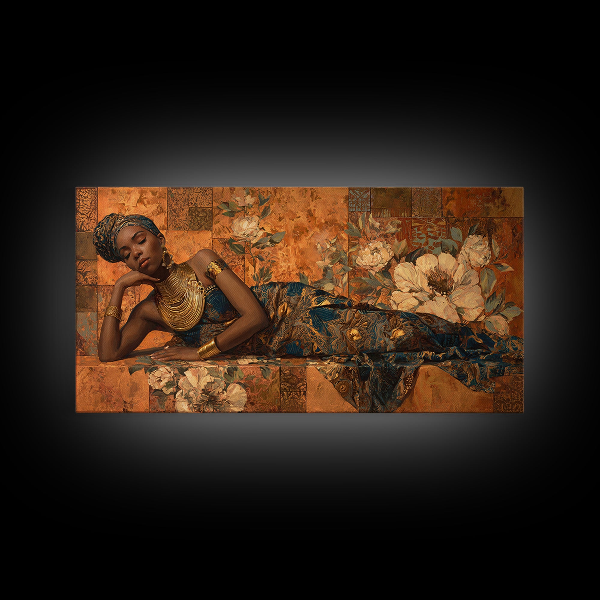 Expressive Portrait with Ornate Floral Background and Canvas Print, African Inspired Art, Modern Wall Art, Living Room Decor, AIA-2x1-97