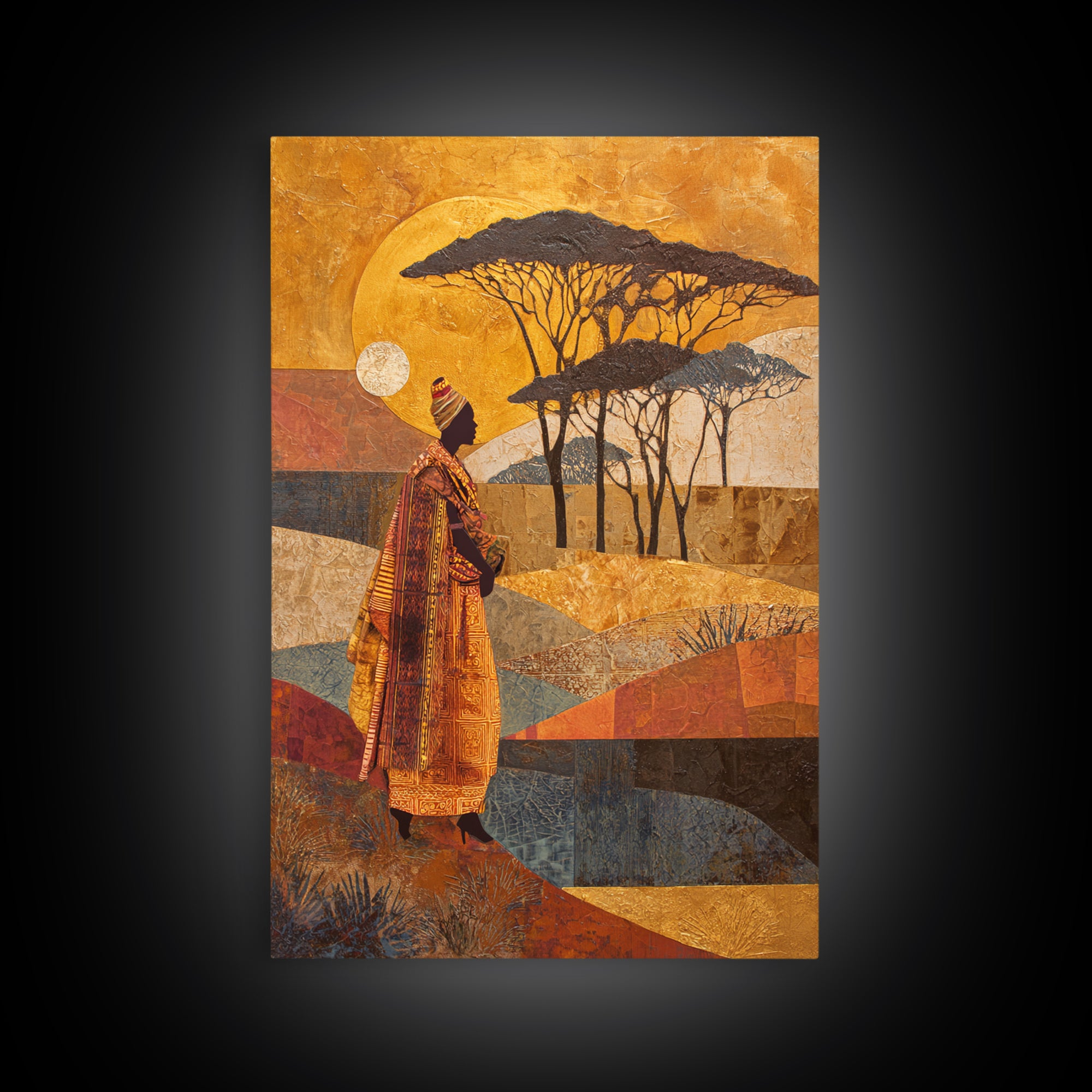 Safari Landscape with Acacia Trees and Golden Canvas Print, African Inspired Art, Botanical Wall Art, Living Room Decor, AIA-2x3-16