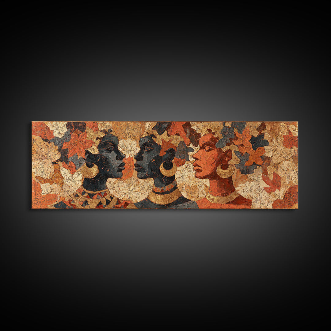 Expressive Portrait with Ornate Floral Background and Canvas Print, African Inspired Art, African Art, Living Room Decor, AIA-3x1-69