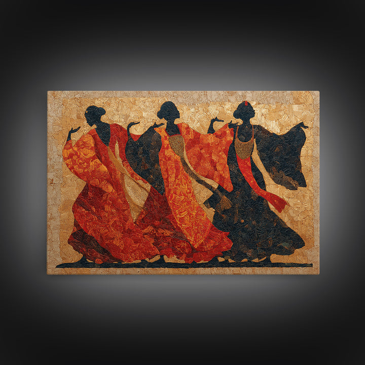 Ceremonial Dancers in Motion with Crimson and Canvas Print, African Inspired Art, Living Room Wall Art, Living Room Decor, AIA-3x2-70