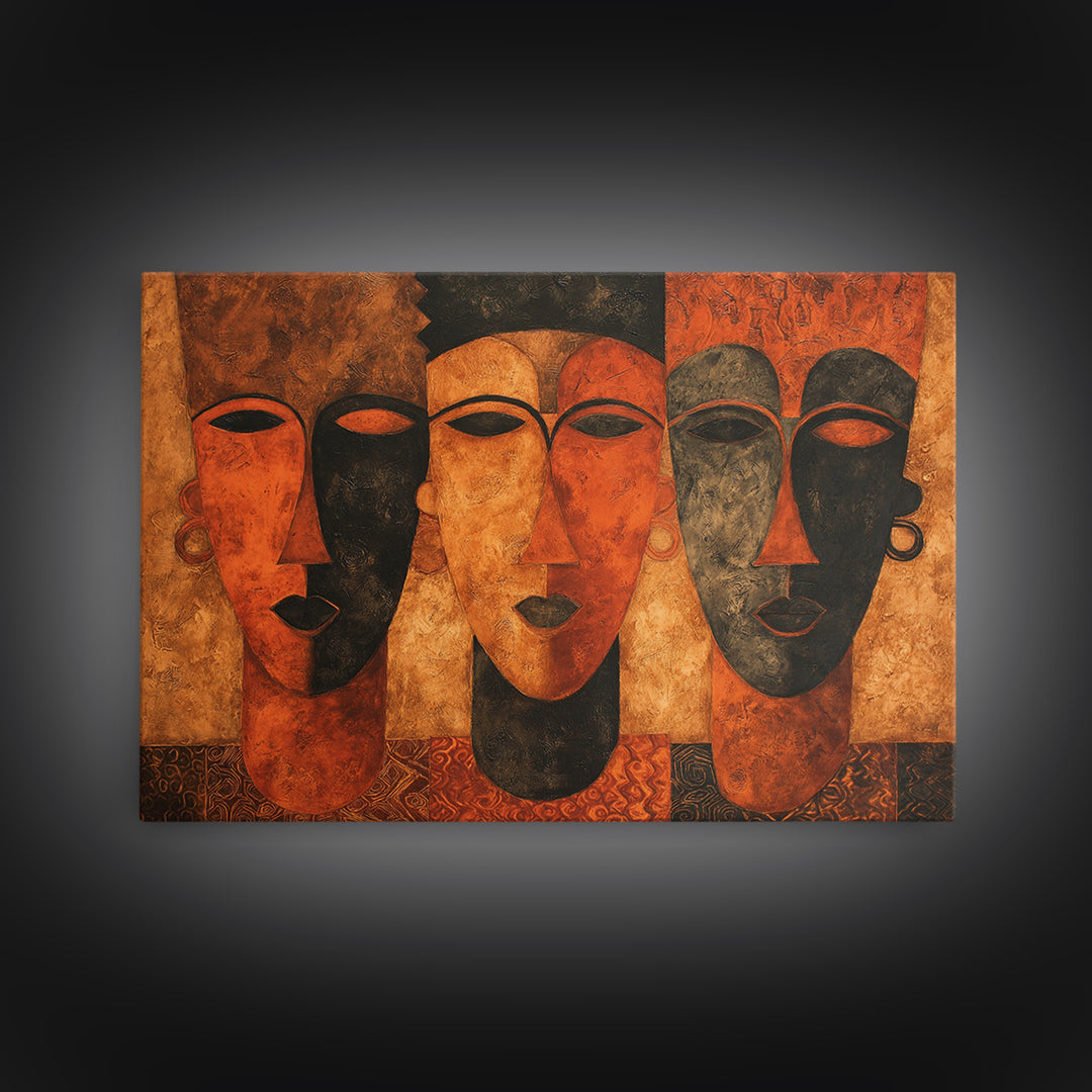 Minimalist African Line Art Faces on Parchment Canvas Print, African Inspired Art, Removable Wallpaper, Living Room Decor, AIA-3x2-86