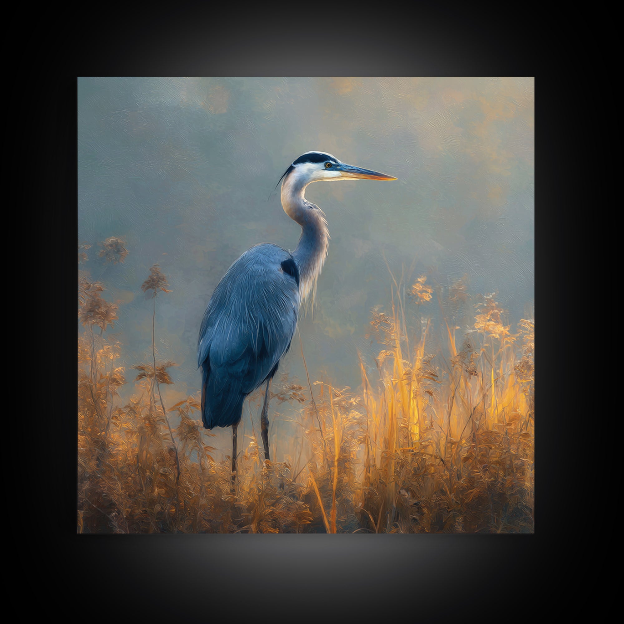 Blue Heron Standing Framed Canvas Print, Animal Art, Digital Wall Art, Living Room Decor, Fine Art, Creature, Modern Wall Art, ANI-1x1-11