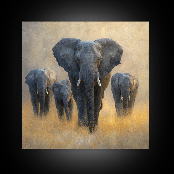 Elephant Family Walking Through Dusty Golden Light Canvas Print, Animal Art, Living Room Decor, Creature, Fine Art Print, ANI-1x1-14