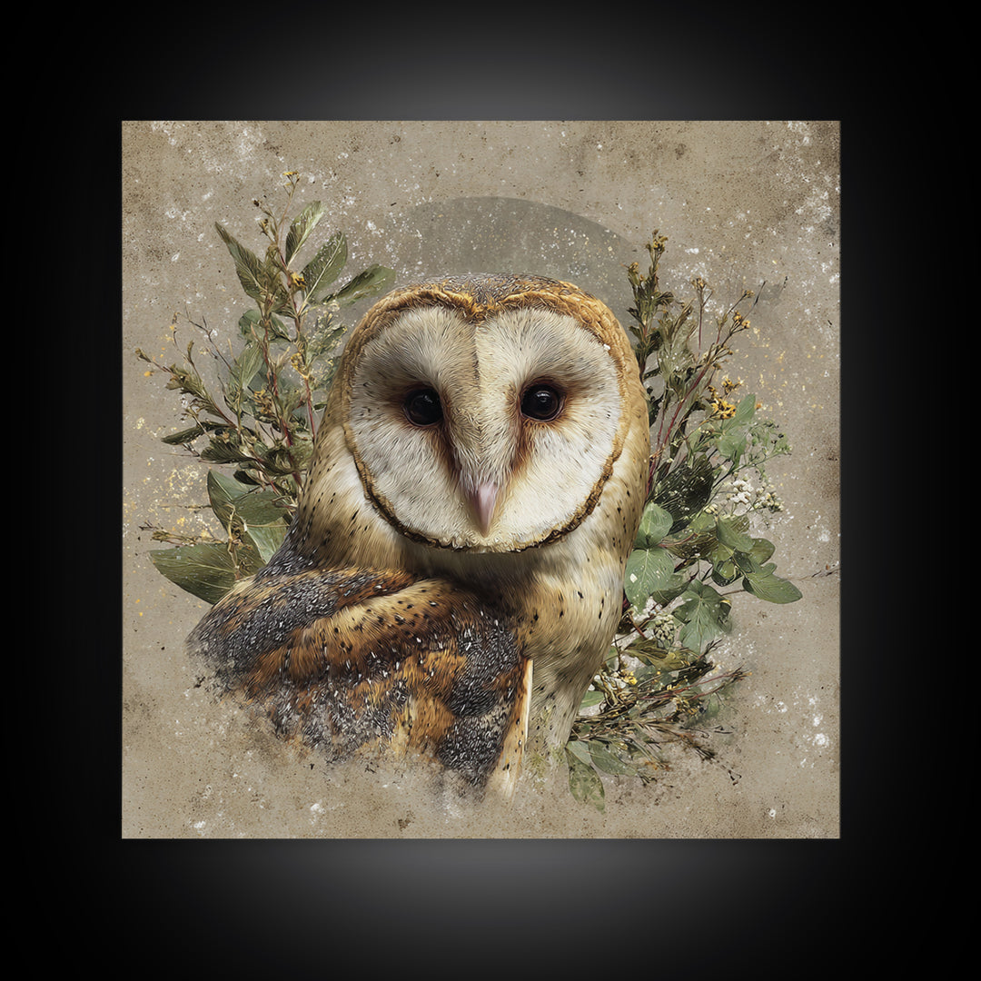 Owl with Moonlit Feathers and Celestial Accents Canvas Print, Animal Art, Nursery Decor, Living Room Decor, Oil Painting, ANI-1x1-15