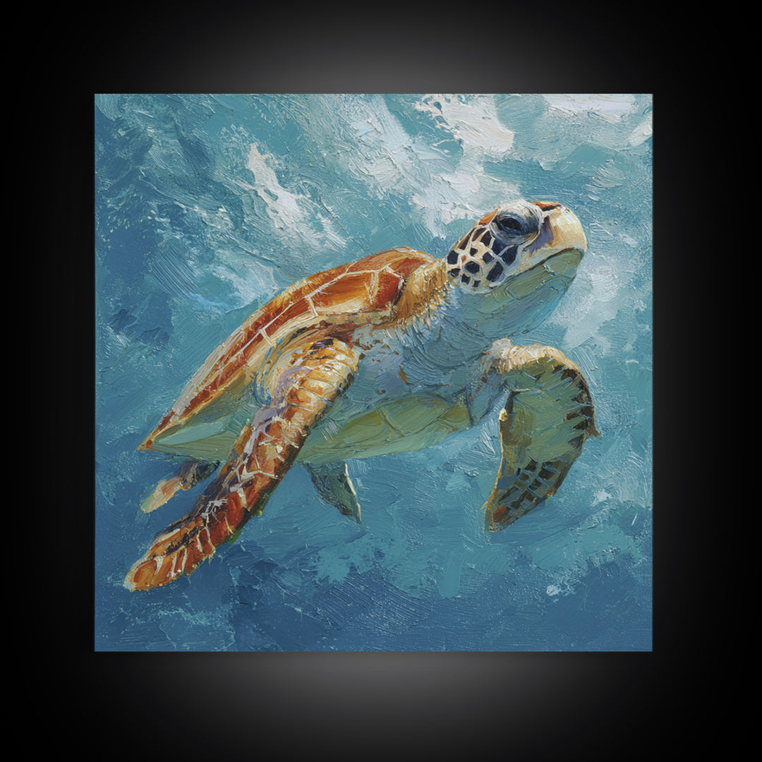 Sea Turtle Drifting Through Luminous Blue Water Canvas Print, Animal Art, Digital Print, Living Room Decor, Fine Art, Creature, ANI-1x1-18