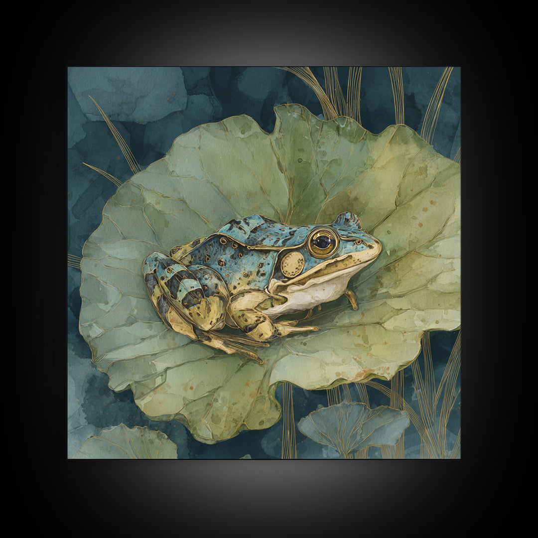 Frog on a Lotus Leaf Canvas Print, Animal Art, Digital Prints, Living Room Decor, Watercolor Art, Creature, Printable Art, ANI-1x1-20