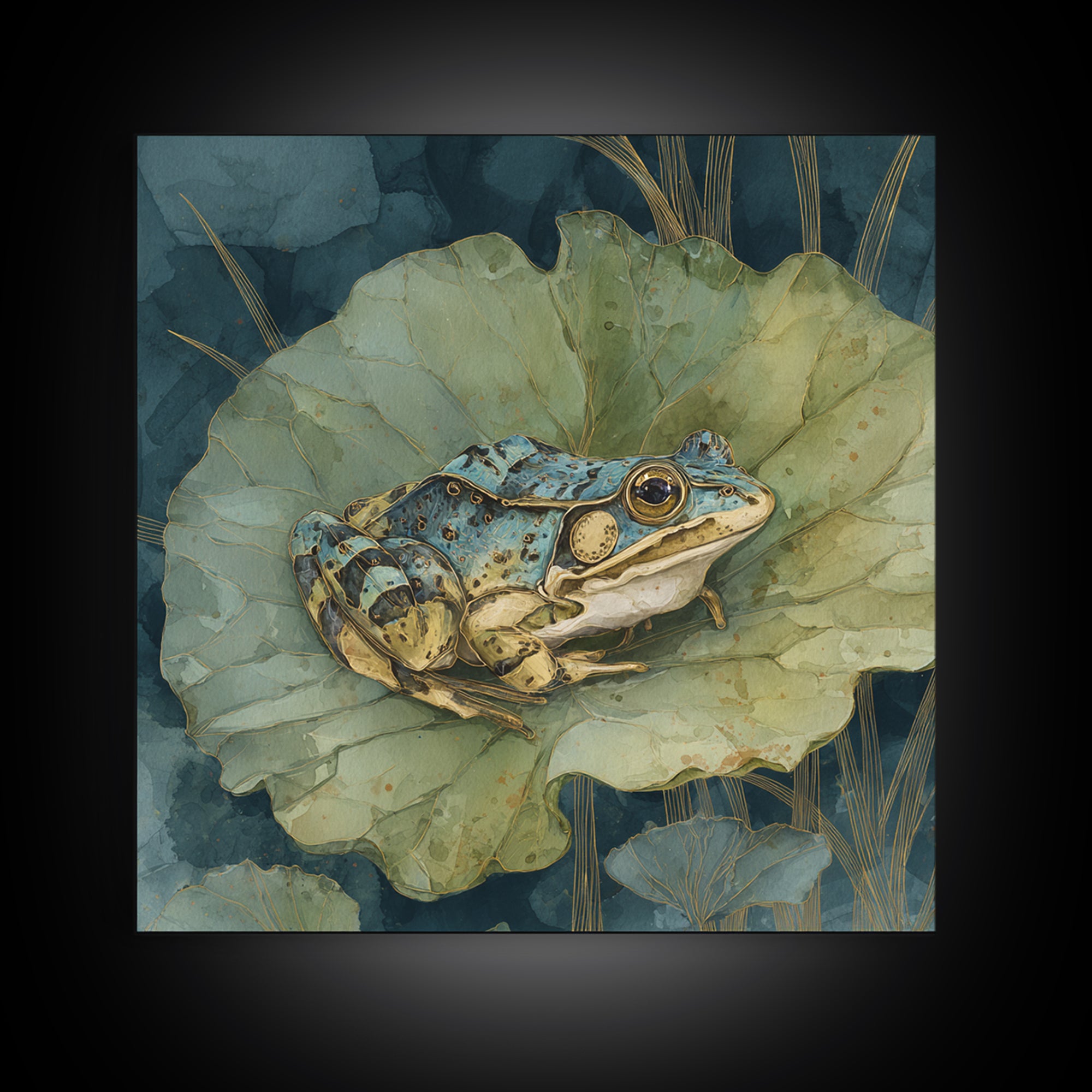 Frog on a Lotus Leaf Canvas Print, Animal Art, Digital Prints, Living Room Decor, Watercolor Art, Creature, Printable Art, ANI-1x1-20