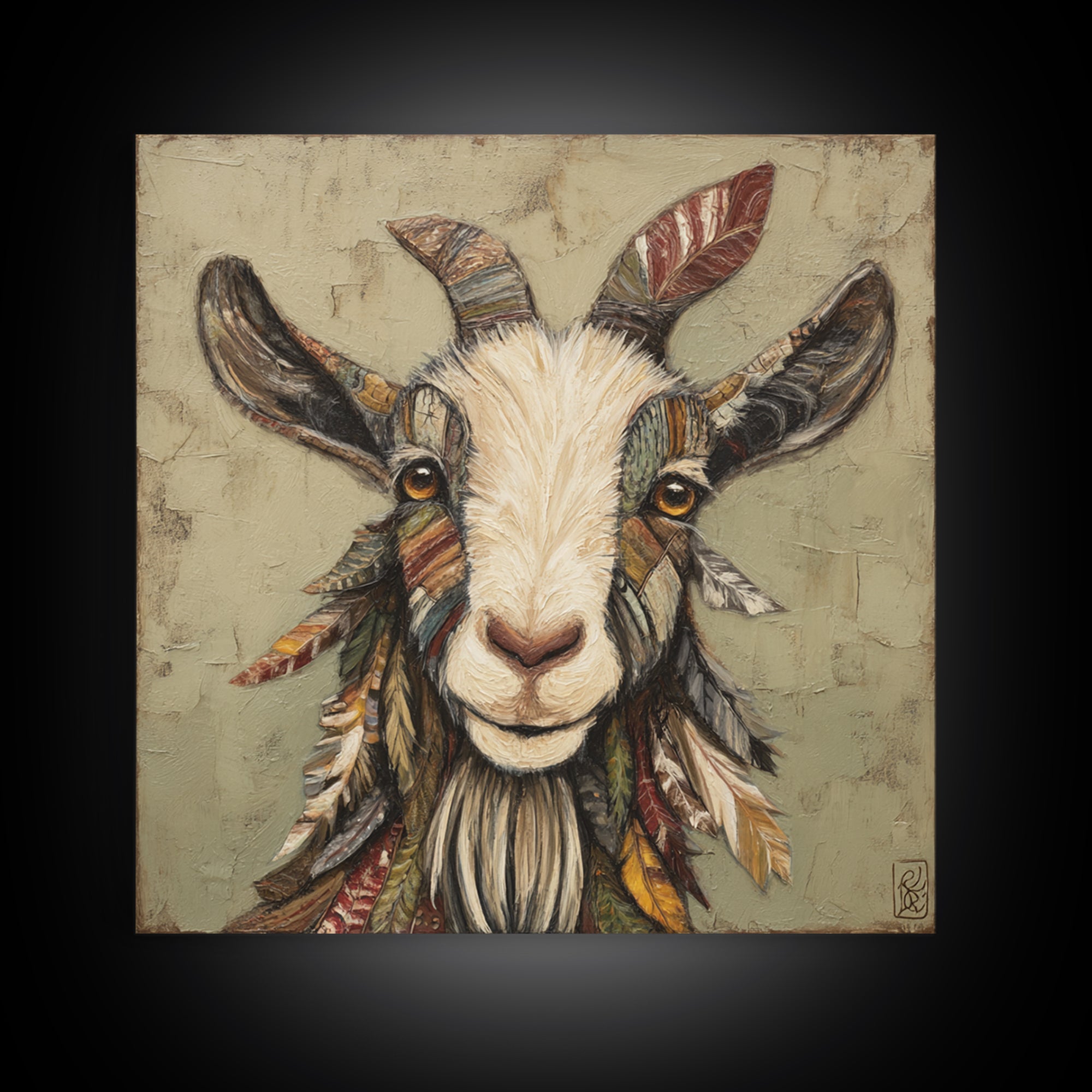 Goat Portrait with Rustic Folk Art Personality Framed Canvas Print, Animal Art, Cat Art, Living Room Decor, Fine Art, Creature, ANI-1x1-21