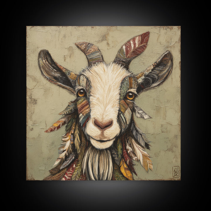 Goat Portrait with Rustic Folk Art Personality Framed Canvas Print, Animal Art, Cat Art, Living Room Decor, Fine Art, Creature, ANI-1x1-21