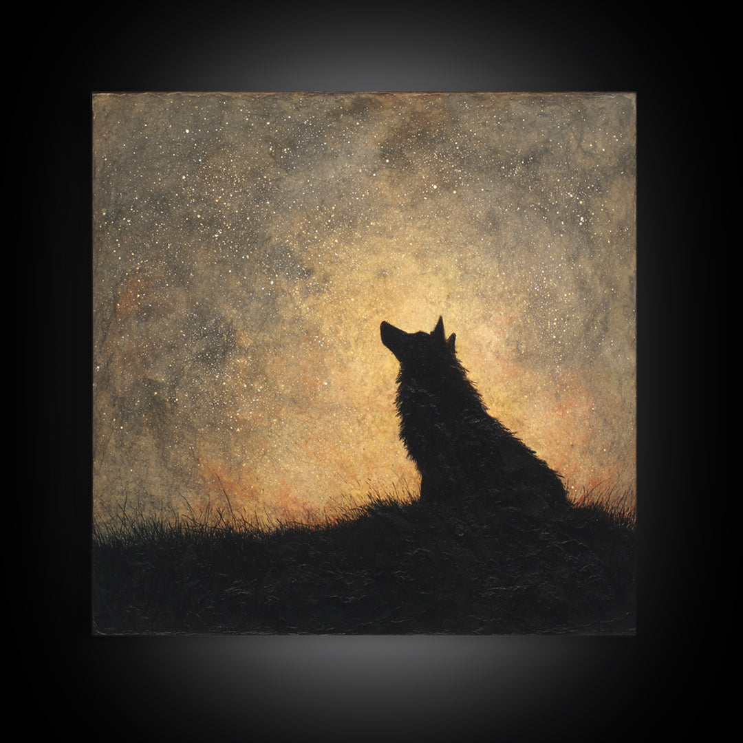 Wolf Silhouette Beneath a Star Filled Sky Canvas Print, Animal Art, Printable Art, Living Room Decor, Oil Painting, Creature, ANI-1x1-22