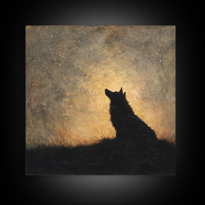 Wolf Silhouette Beneath a Star Filled Sky Canvas Print, Animal Art, Printable Art, Living Room Decor, Oil Painting, Creature, ANI-1x1-22