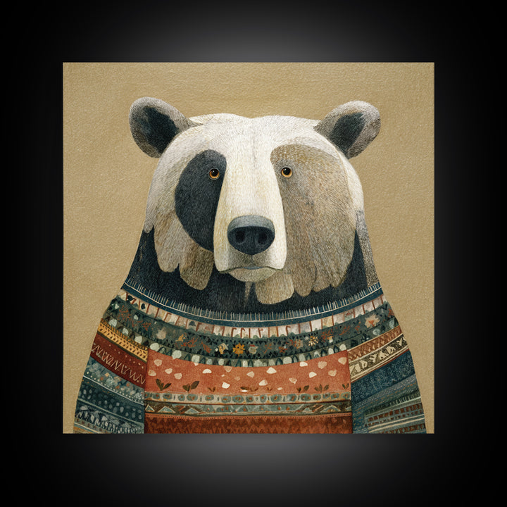Whimsical Bear in a Patterned Sweater with Canvas Print, Animal Art, Modern Wall Art, Living Room Decor, Fine Art, Creature, ANI-1x1-26