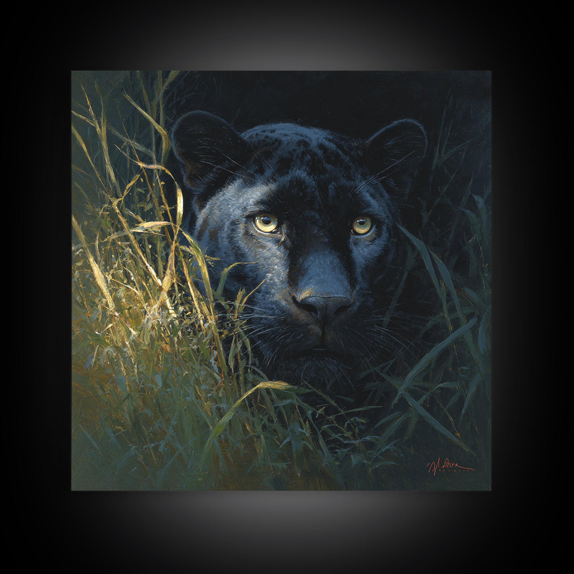 Dramatic Black Panther Emerging from Deep Jungle Canvas Print, Animal Art, Nursery Art, Living Room Decor, Oil Painting, ANI-1x1-30