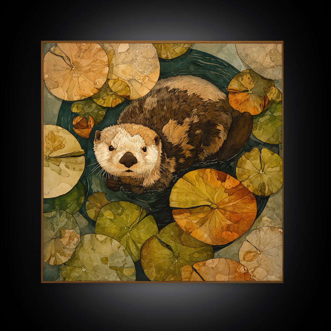 Playful Otter Floating Among Lily Pads Framed Canvas Print, Animal Art, Gallery Decor, Living Room Decor, Fine Art, Creature, ANI-1x1-32
