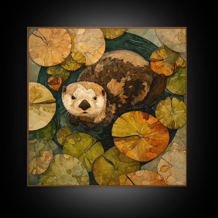Playful Otter Floating Among Lily Pads Framed Canvas Print, Animal Art, Gallery Decor, Living Room Decor, Fine Art, Creature, ANI-1x1-32
