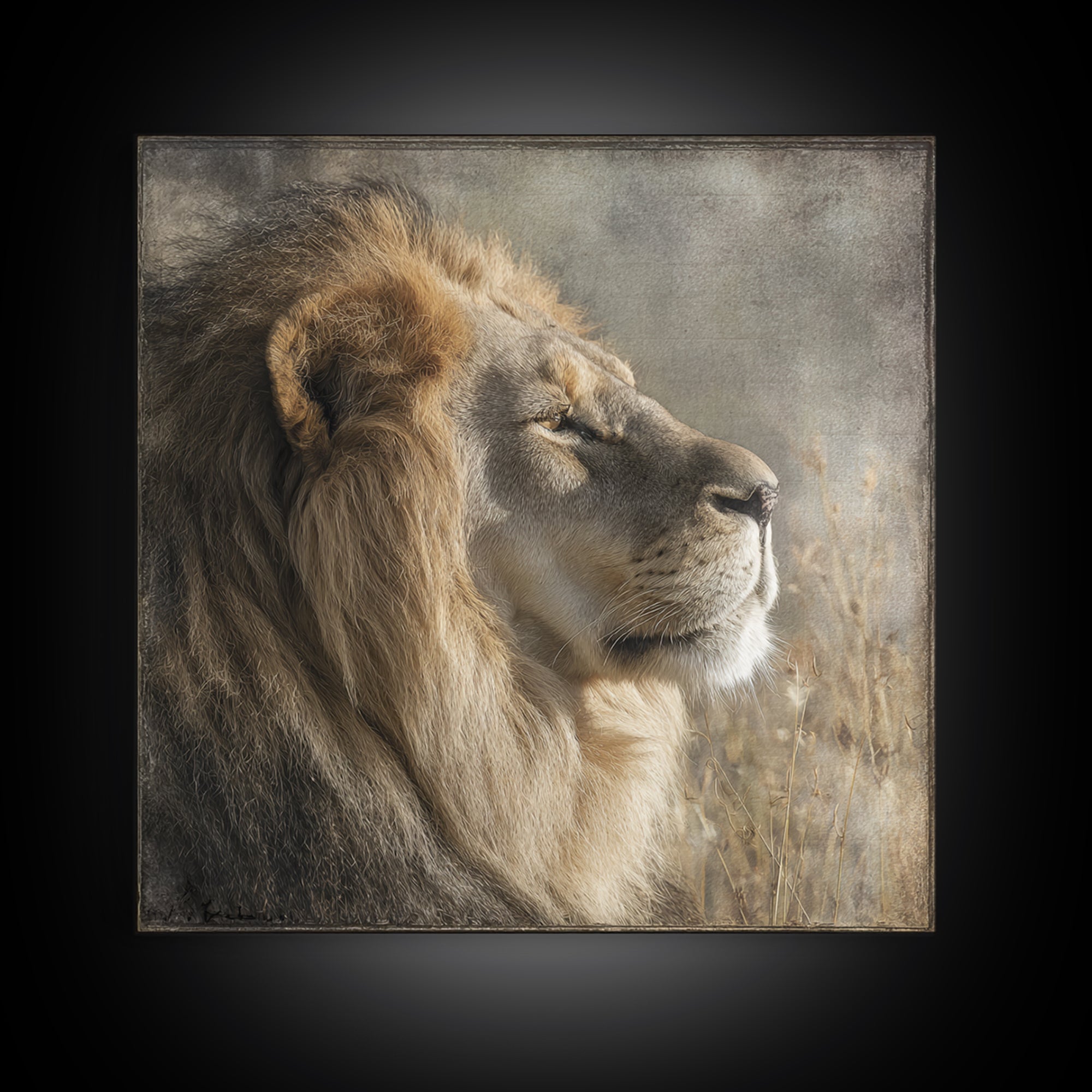 Regal Lion Profile Framed Canvas Print, Animal Art, Statement Artwork, Living Room Decor, Abstract Art, Creature, Wall Decor, ANI-1x1-33