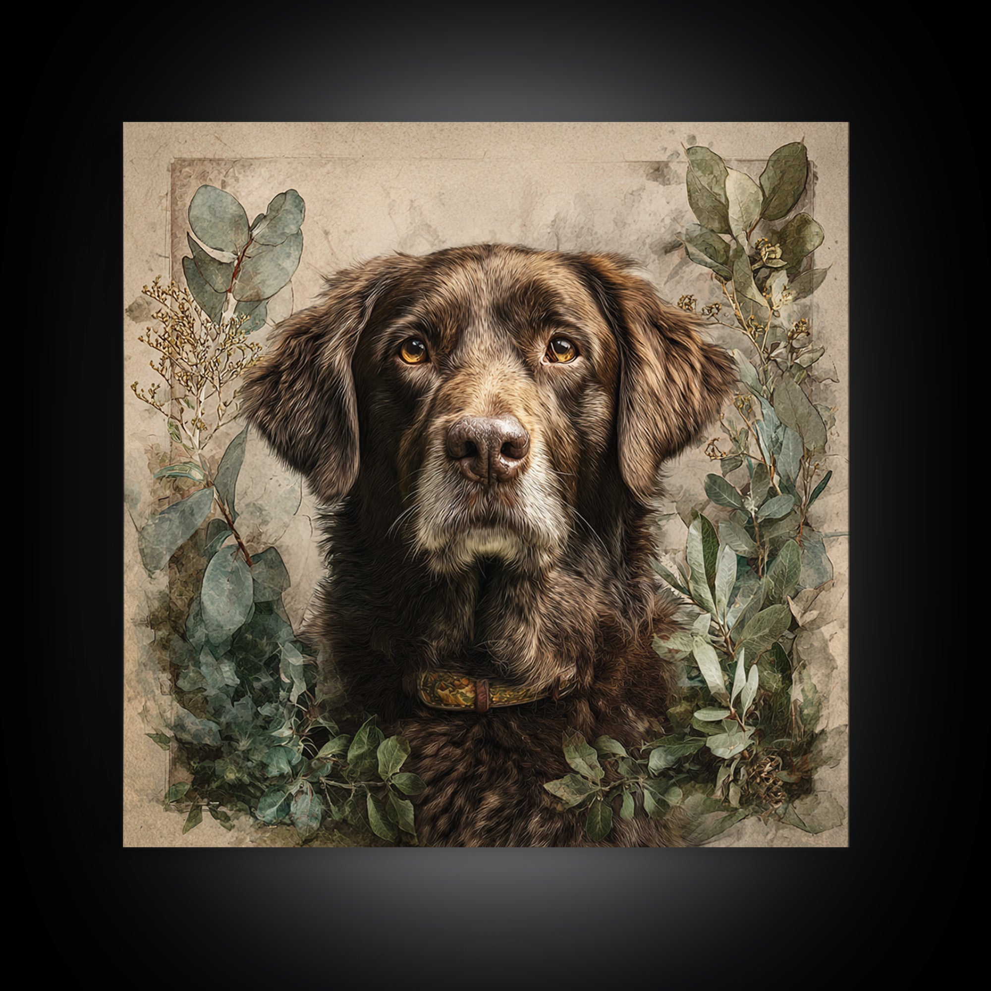 Dog Portrait with Painterly Collar and Loyal Framed Canvas Print, Animal Art, Downloadable Art, Living Room Decor, Creature, ANI-1x1-37