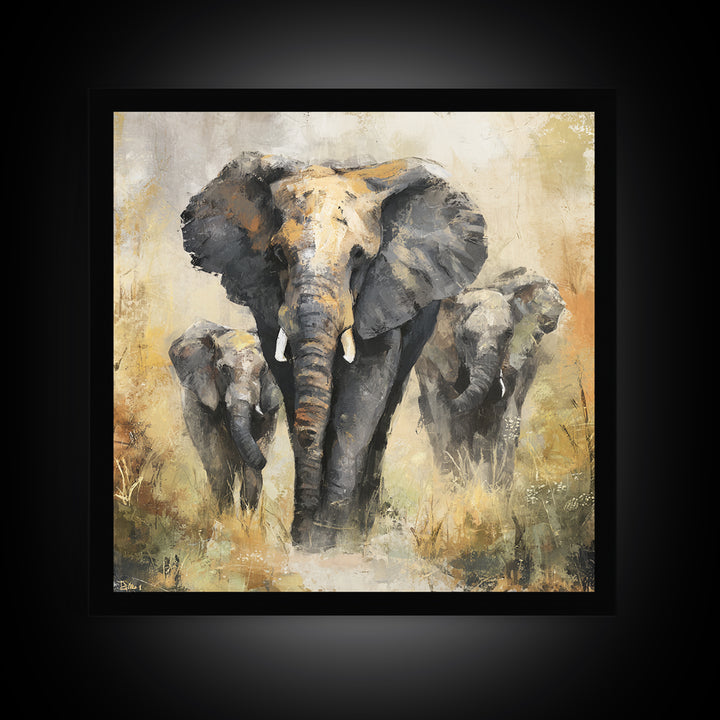 Elephant Family Walking Through Dusty Golden Light Canvas Print, Animal Art, Safari Nursery Decor, Living Room Decor, Creature, ANI-1x1-38