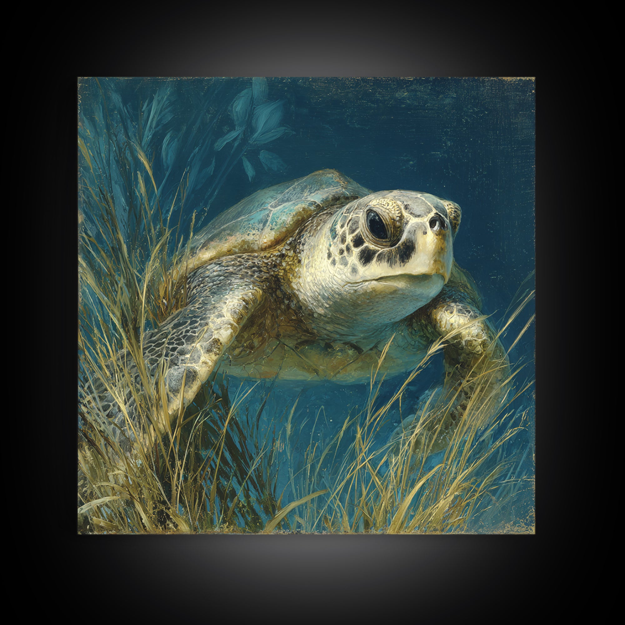 Sea Turtle Drifting Through Luminous Blue Water Canvas Print, Animal Art, Boho Wall Art, Living Room Decor, Creature, ANI-1x1-42