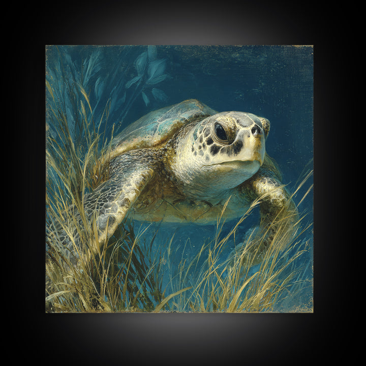 Sea Turtle Drifting Through Luminous Blue Water Canvas Print, Animal Art, Boho Wall Art, Living Room Decor, Creature, ANI-1x1-42