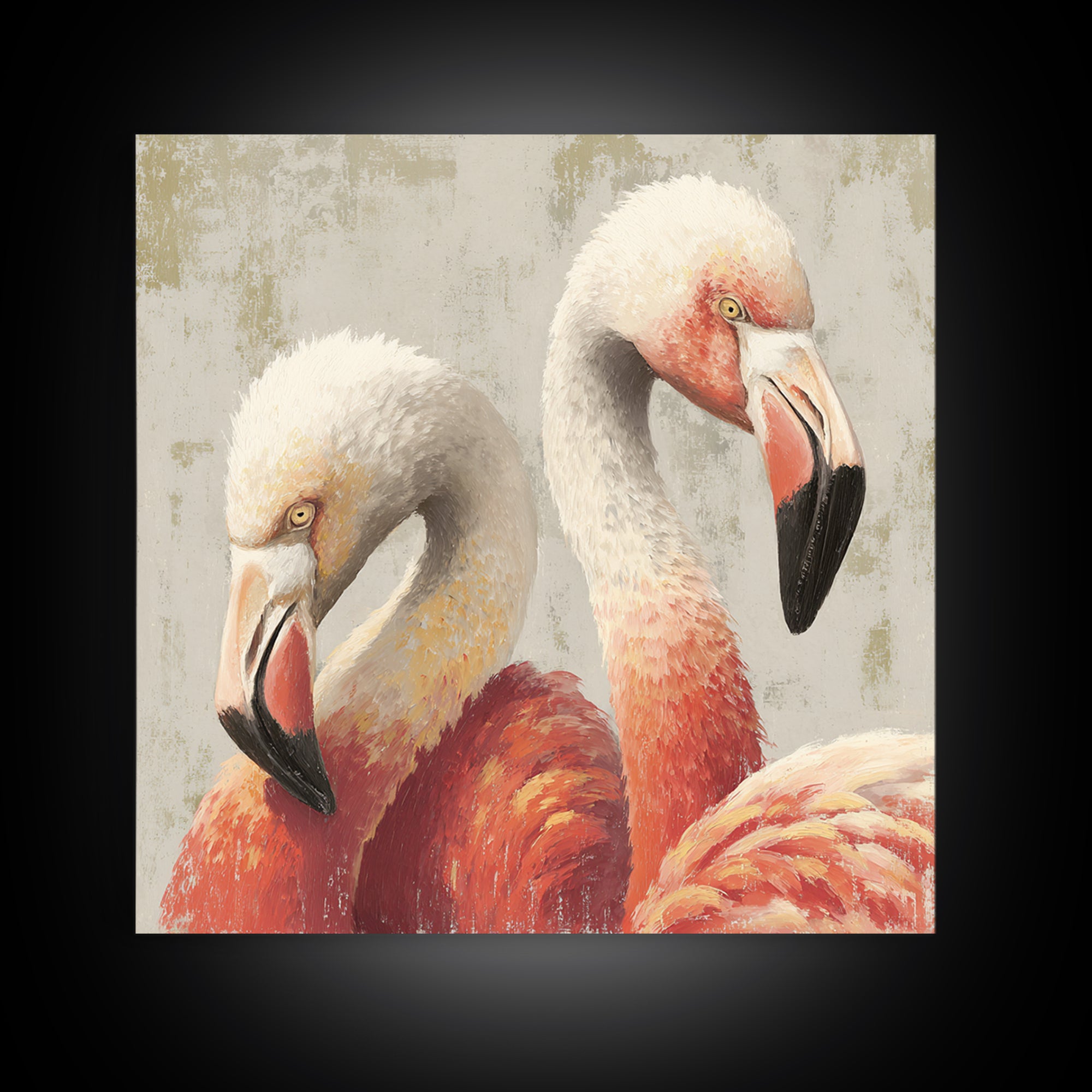 Flamingo Pair in Elegant Coral and Cream Framed Canvas Print, Animal Art, Farmhouse Decor, Living Room Decor, Oil Painting, ANI-1x1-43