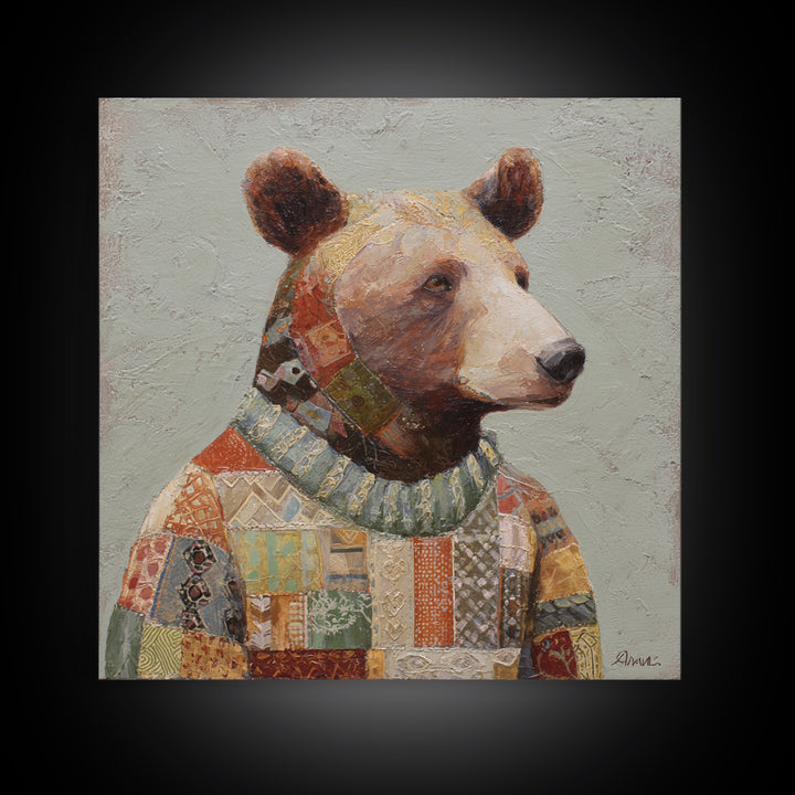 Whimsical Bear in a Patterned Sweater with Canvas Print, Animal Art, Modern Wall Art, Living Room Decor, Fine Art, Creature, ANI-1x1-50