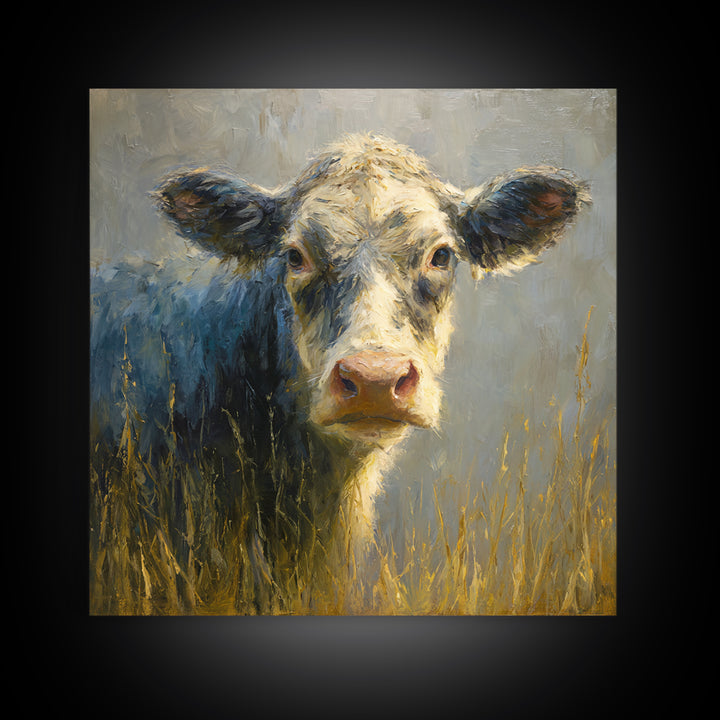 Gentle Cow Portrait Canvas Print, Animal Art, Trendy Wall Art, Living Room Decor, Fine Art, Creature, Textured Painting, ANI-1x1-55