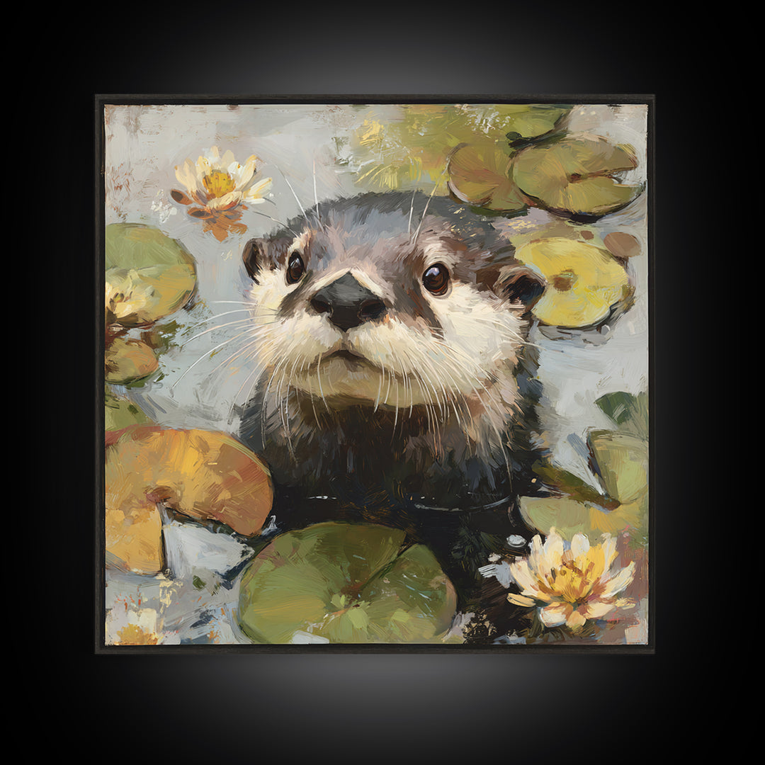 Playful Otter Floating Among Lily Pads Framed Canvas Print, Animal Art, Original Painting, Living Room Decor, Creature, ANI-1x1-56