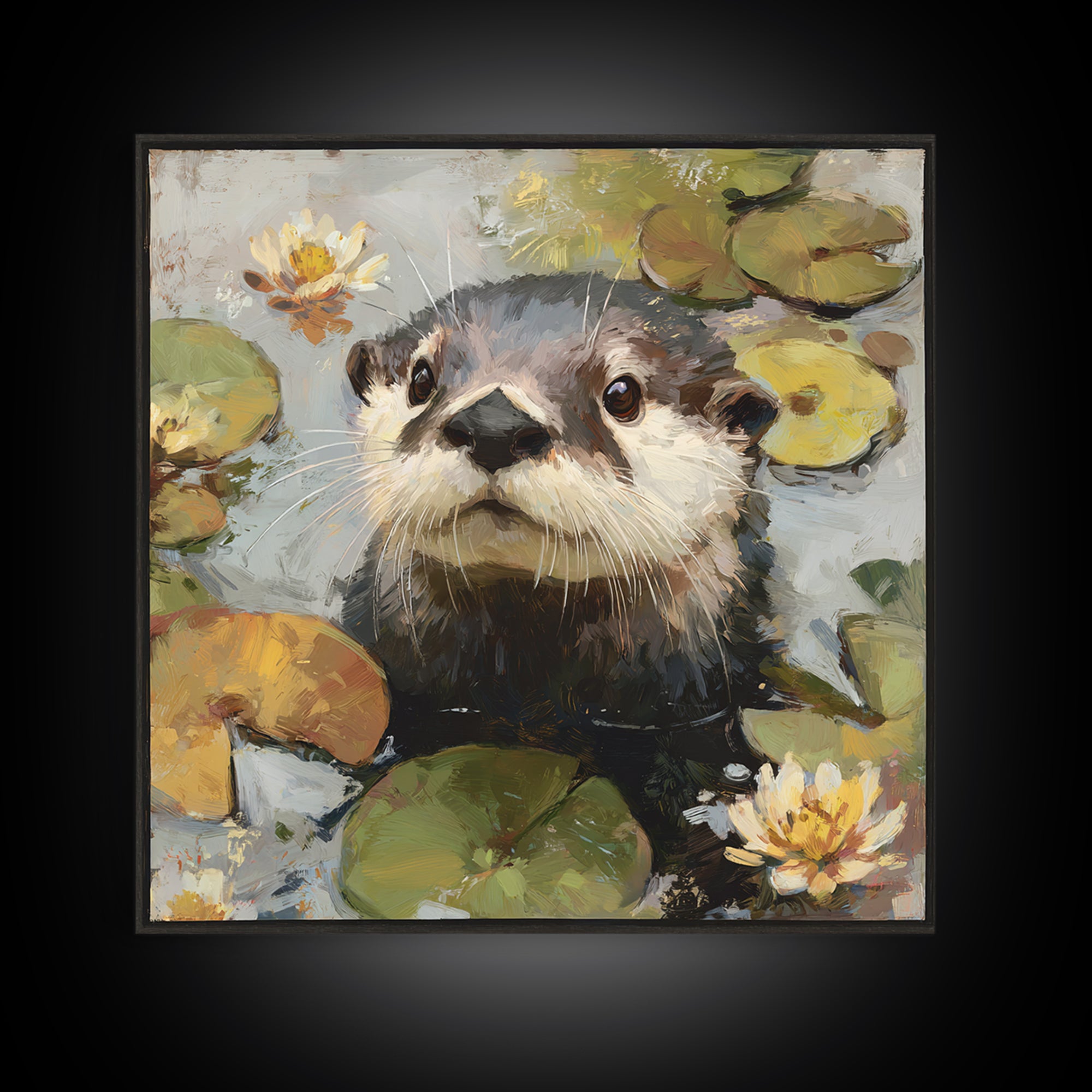 Playful Otter Floating Among Lily Pads Framed Canvas Print, Animal Art, Original Painting, Living Room Decor, Creature, ANI-1x1-56
