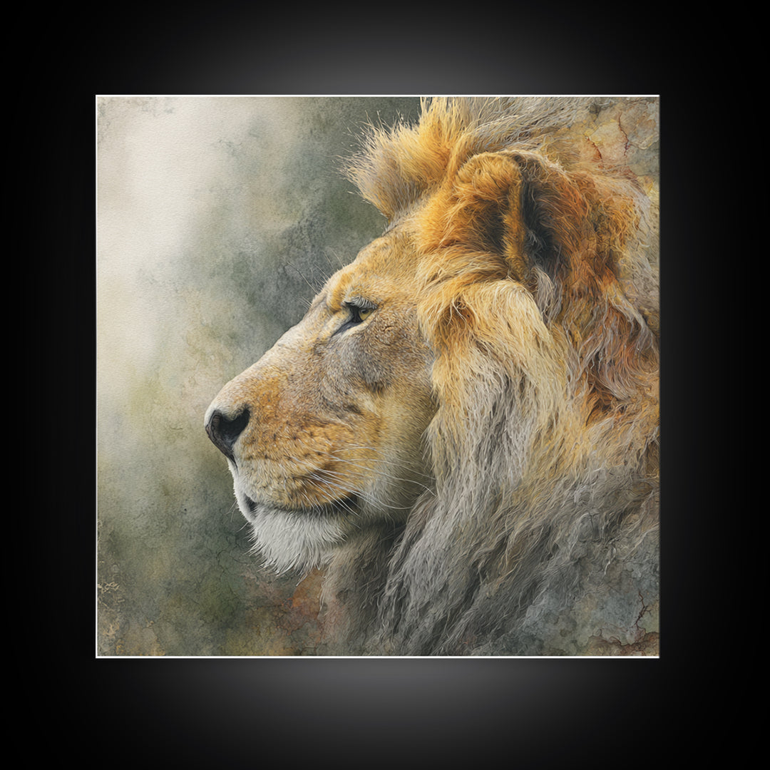 Regal Lion Profile Framed Canvas Print, Animal Art, Statement Artwork, Living Room Decor, Abstract Art, Creature, Wall Decor, ANI-1x1-57