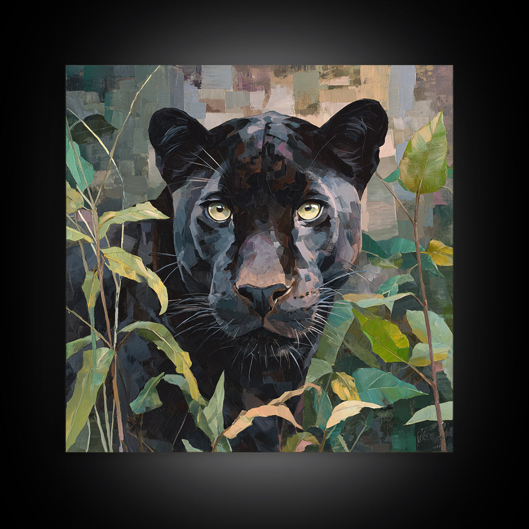 Dramatic Black Panther Emerging from Deep Jungle Canvas Print, Animal Art, Farmhouse Decor, Living Room Decor, Creature, ANI-1x1-6