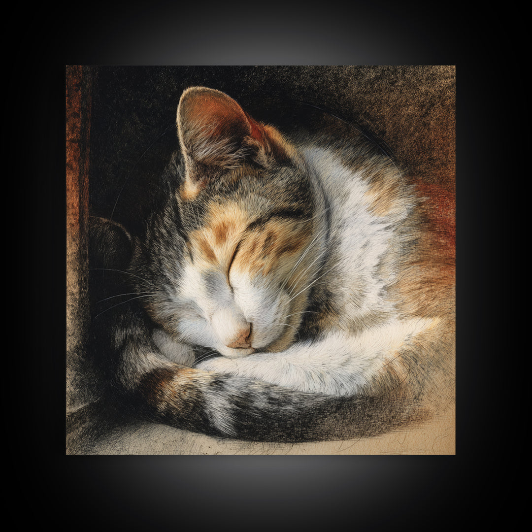 Sleeping Cat Curled Canvas Print, Animal Art, Nursery, Living Room Decor, Fine Art, Creature, Modern Decor, Fine Art Print, ANI-1x1-60