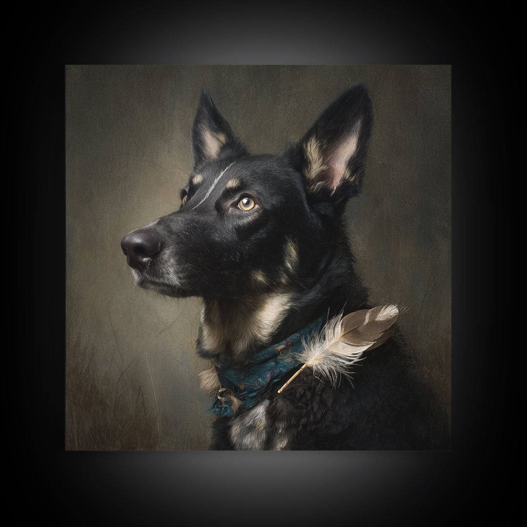 Dog Portrait with Painterly Collar and Loyal Framed Canvas Print, Animal Art, Downloadable Art, Living Room Decor, Creature, ANI-1x1-61