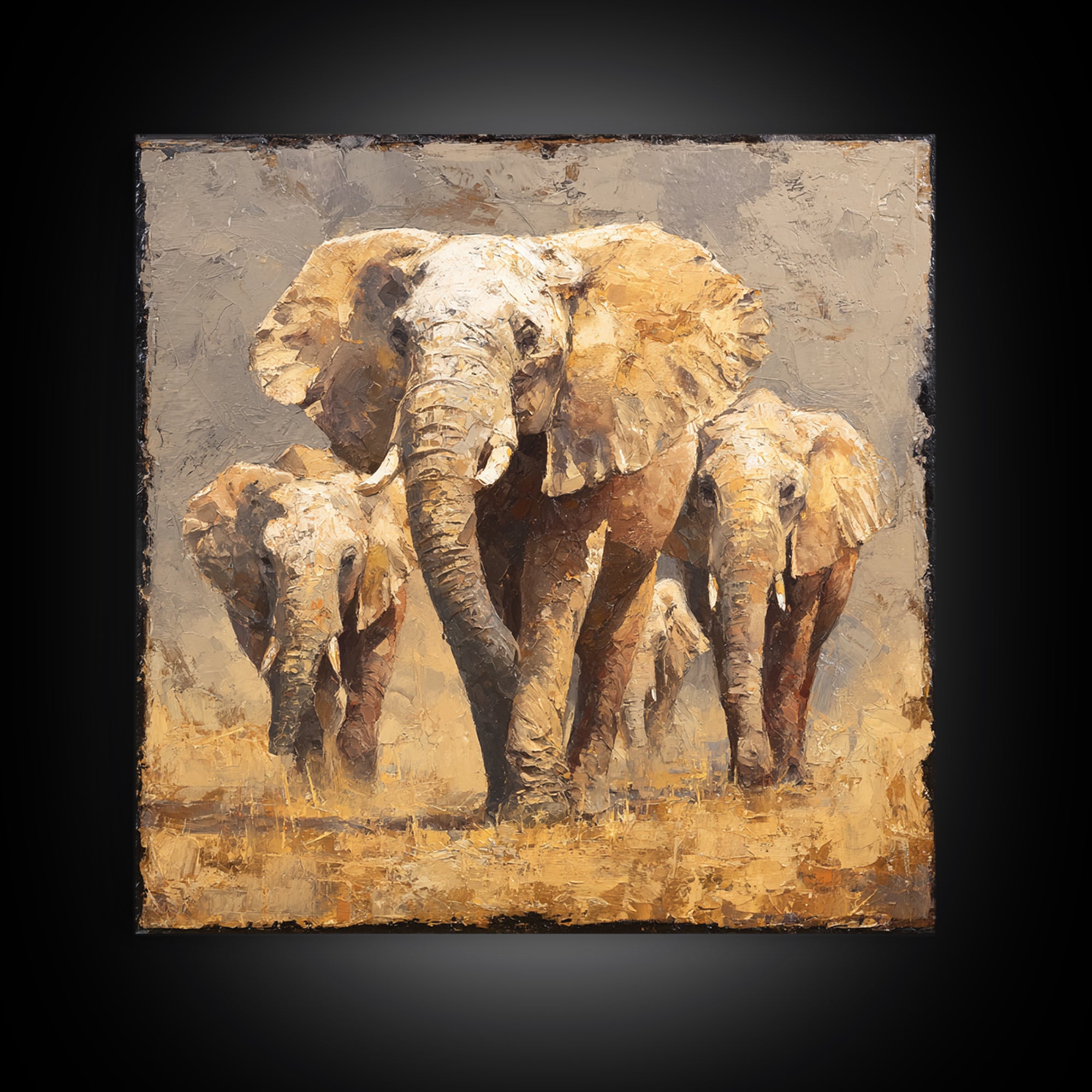 Elephant Family Walking Through Dusty Golden Light Canvas Print, Animal Art, Safari Nursery Decor, Living Room Decor, Creature, ANI-1x1-62