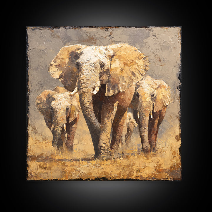 Elephant Family Walking Through Dusty Golden Light Canvas Print, Animal Art, Safari Nursery Decor, Living Room Decor, Creature, ANI-1x1-62
