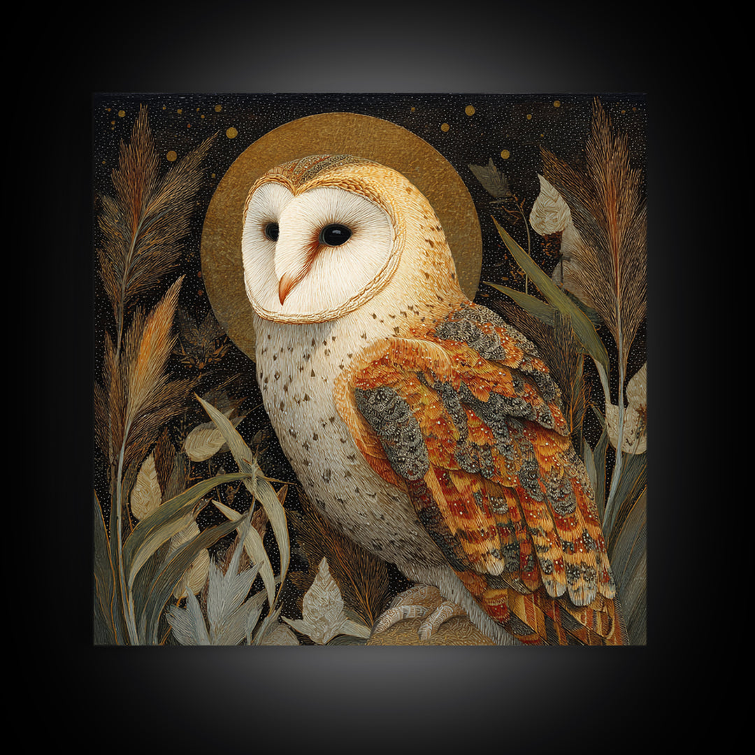 Owl with Moonlit Feathers and Celestial Accents Framed Canvas Print, Animal Art, Downloadable Art, Living Room Decor, Creature, ANI-1x1-63