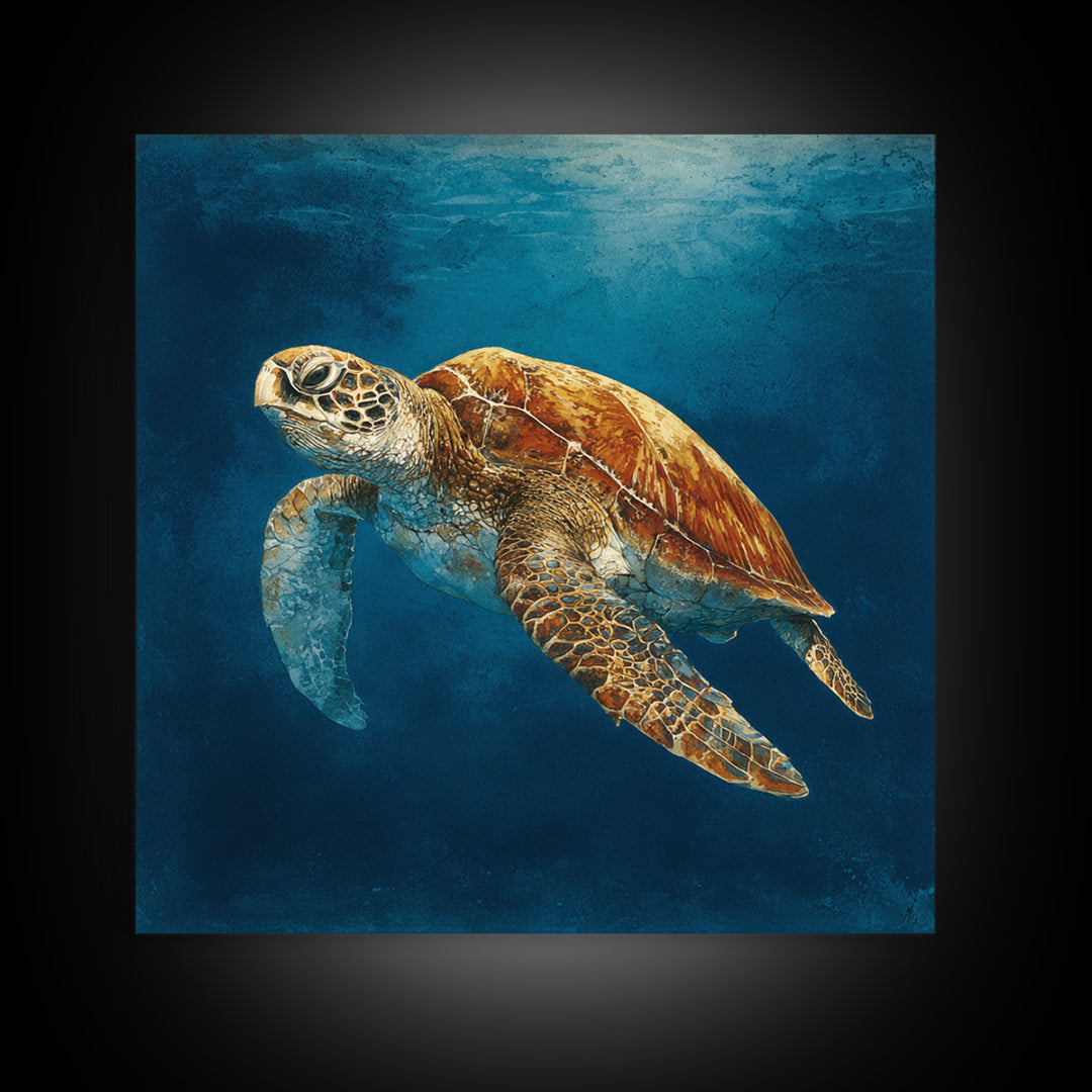 Sea Turtle Drifting Through Luminous Blue Water Canvas Print, Animal Art, Boho Wall Art, Living Room Decor, Creature, ANI-1x1-66