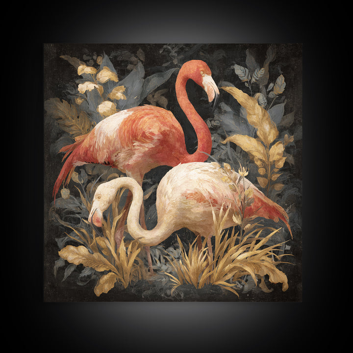 Flamingo Pair in Elegant Coral and Cream Framed Canvas Print, Animal Art, Gallery Decor, Living Room Decor, Fine Art, Creature, ANI-1x1-67