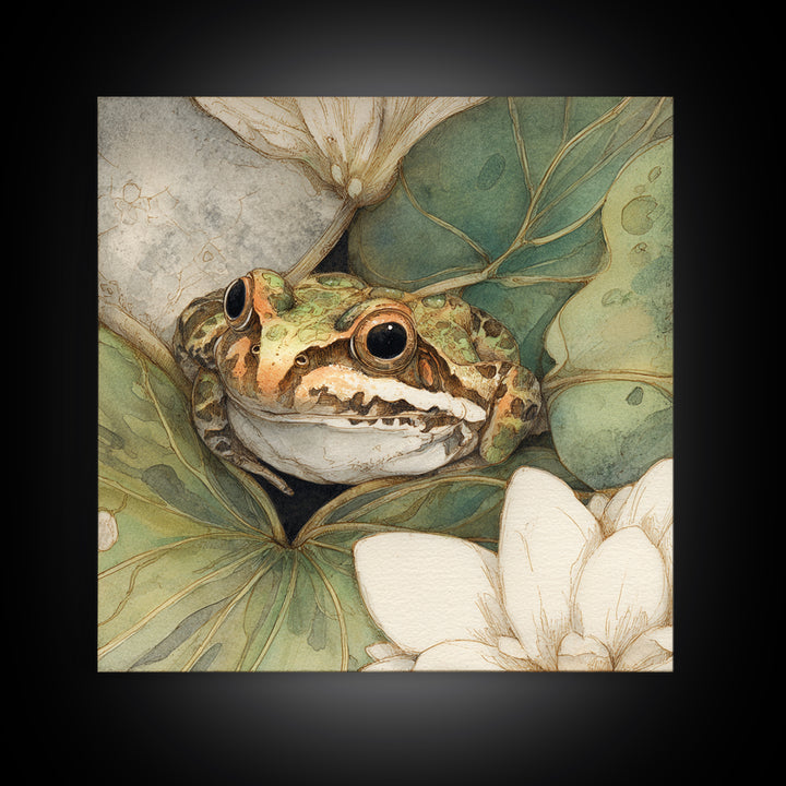 Frog on a Lotus Leaf Framed Canvas Print, Animal Art, Boho Wall Art, Living Room Decor, Oil Painting, Creature, ANI-1x1-68