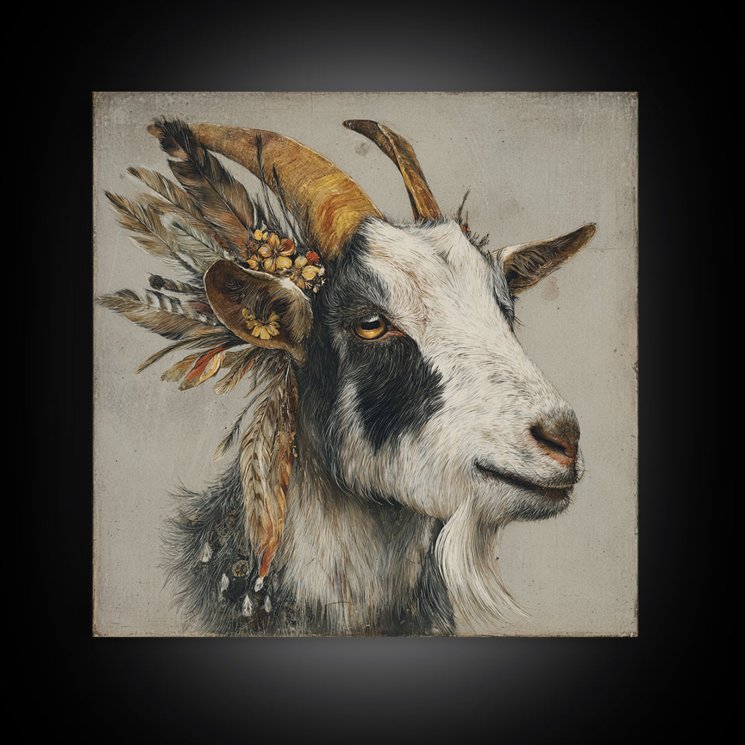Goat Portrait with Rustic Folk Art Personality Canvas Print, Animal Art, Neutral Decor, Living Room Decor, Fine Art, Creature, ANI-1x1-69