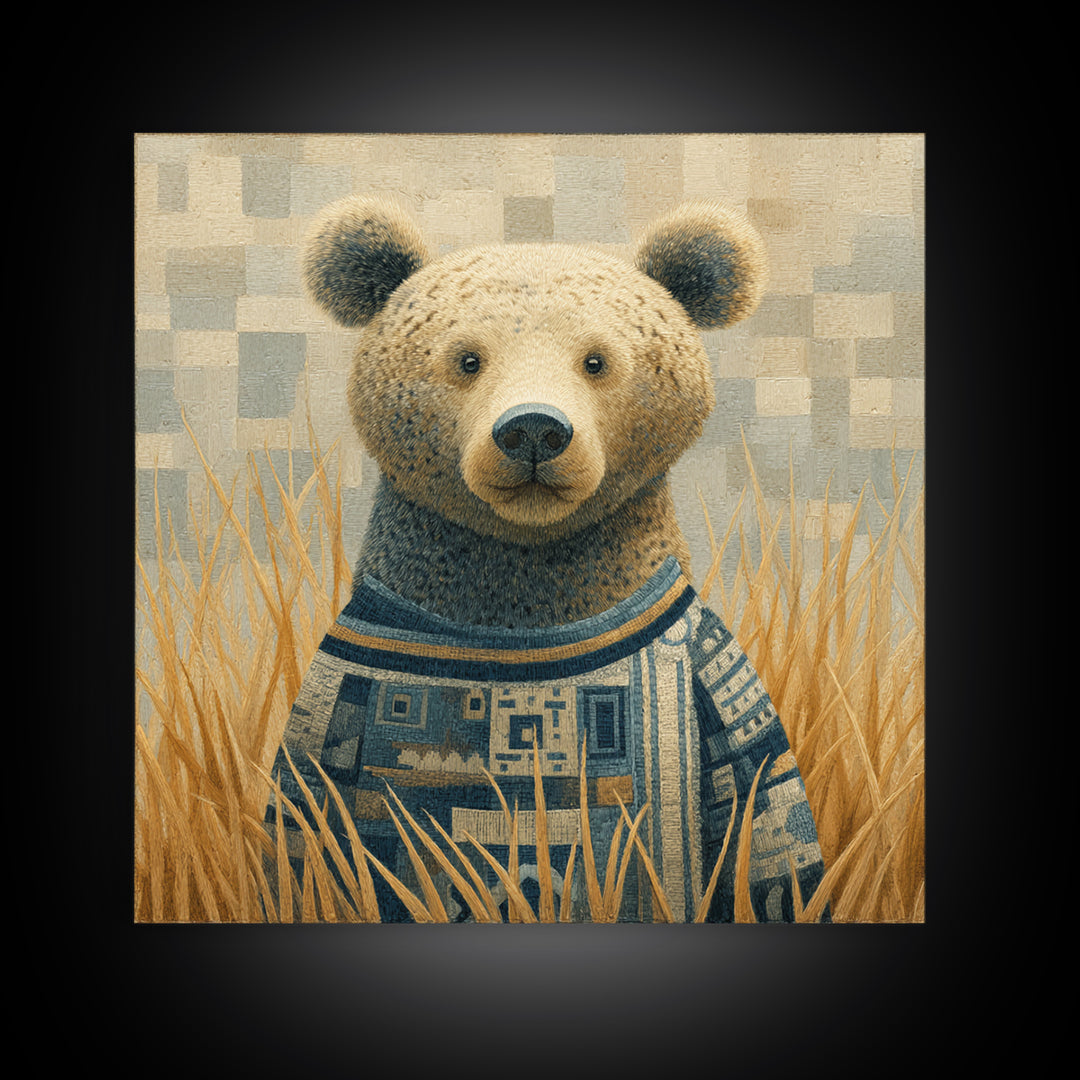 Whimsical Bear in a Patterned Sweater with Framed Canvas Print, Animal Art, Downloadable Art, Living Room Decor, Creature, ANI-1x1-74