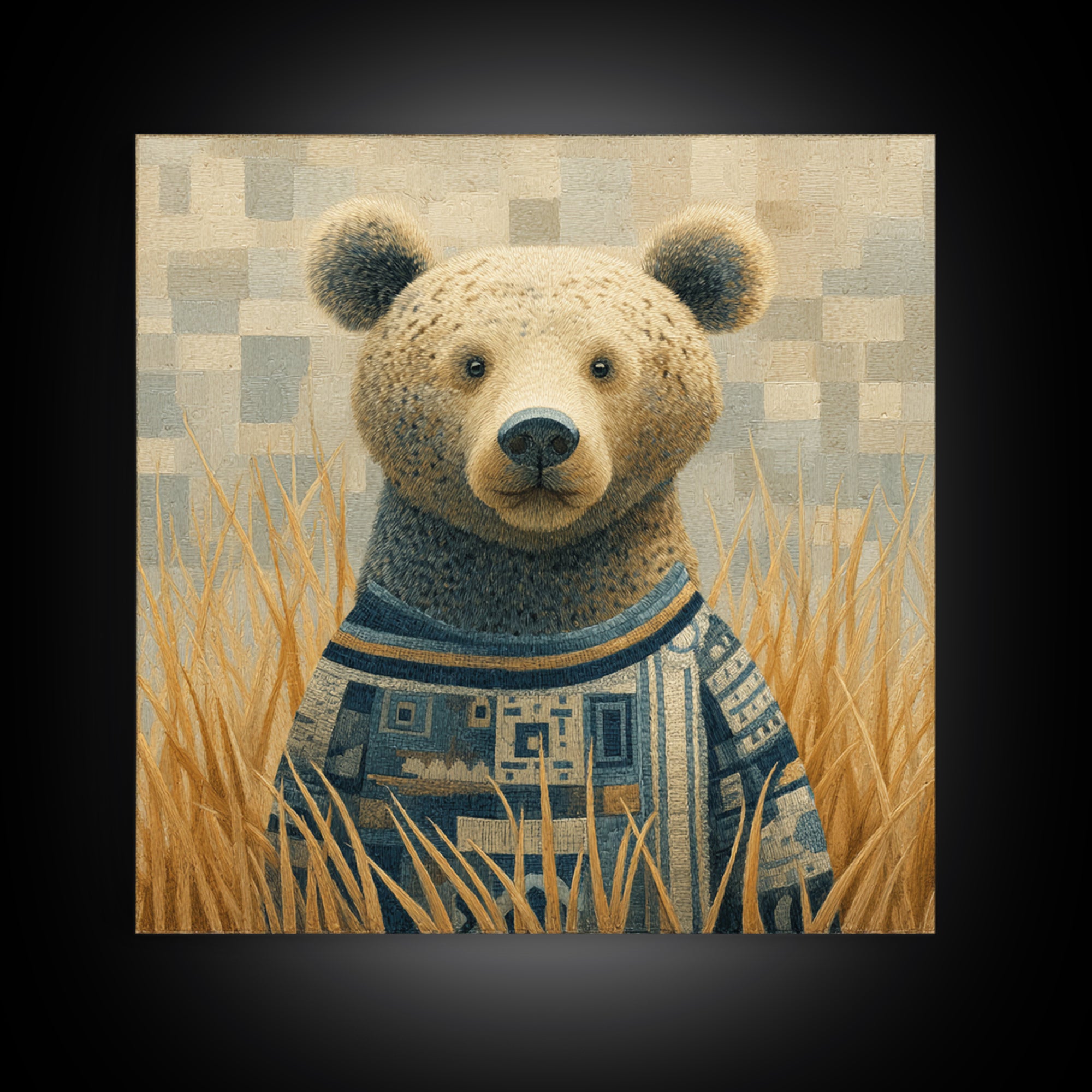 Whimsical Bear in a Patterned Sweater with Framed Canvas Print, Animal Art, Downloadable Art, Living Room Decor, Creature, ANI-1x1-74