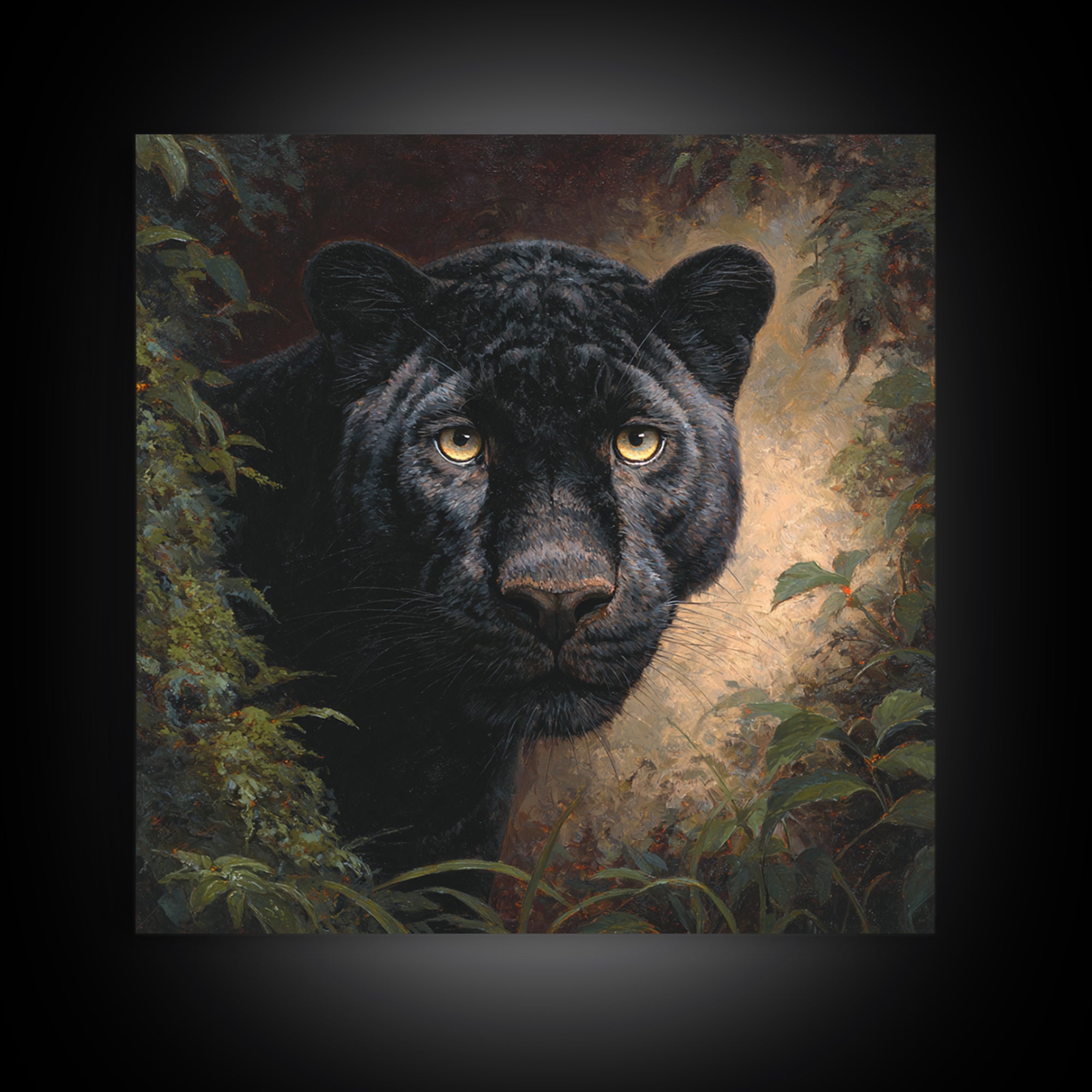 Dramatic Black Panther Emerging from Deep Jungle Framed Canvas Print, Animal Art, Gallery Decor, Living Room Decor, Creature, ANI-1x1-78