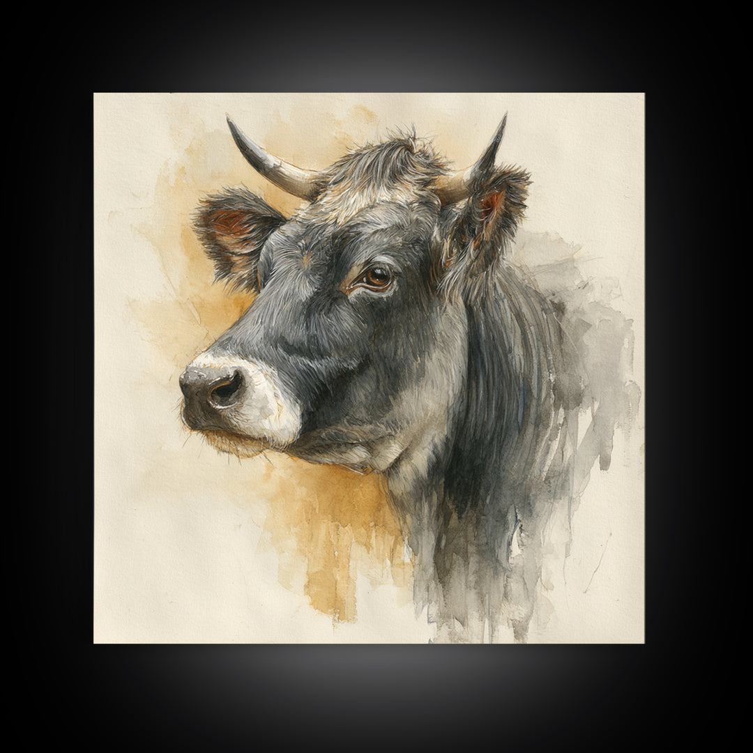 Gentle Cow Portrait Framed Canvas Print, Animal Art, Fine Art Print, Living Room Decor, Fine Art, Creature, Wall Decor, ANI-1x1-79