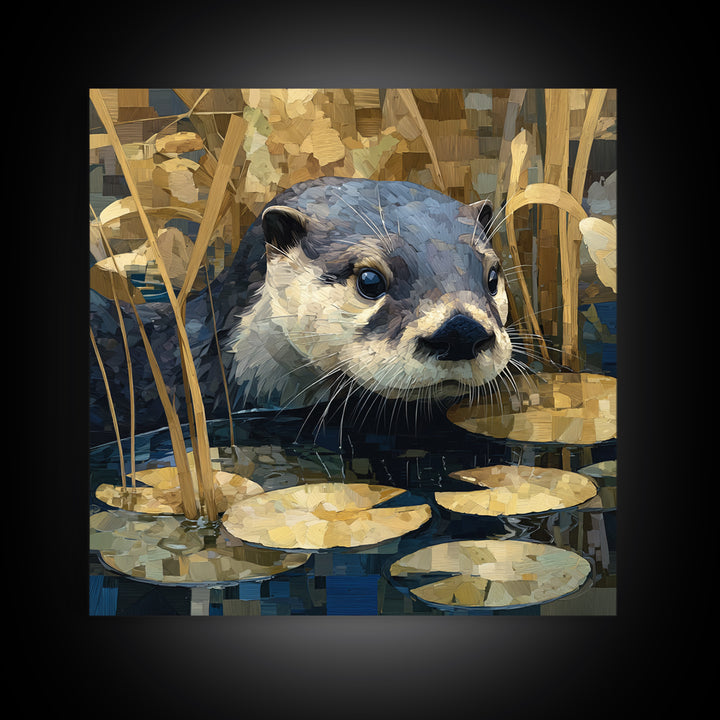 Playful Otter Floating Among Lily Pads Framed Canvas Print, Animal Art, Printable, Living Room Decor, Fine Art, Creature, ANI-1x1-8