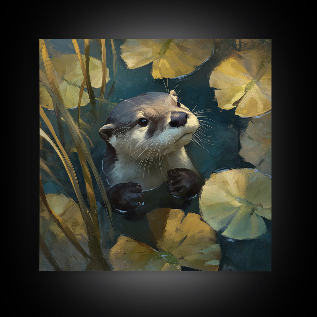Playful Otter Floating Among Lily Pads Framed Canvas Print, Animal Art, Modern Decor, Living Room Decor, Fine Art, Creature, ANI-1x1-80
