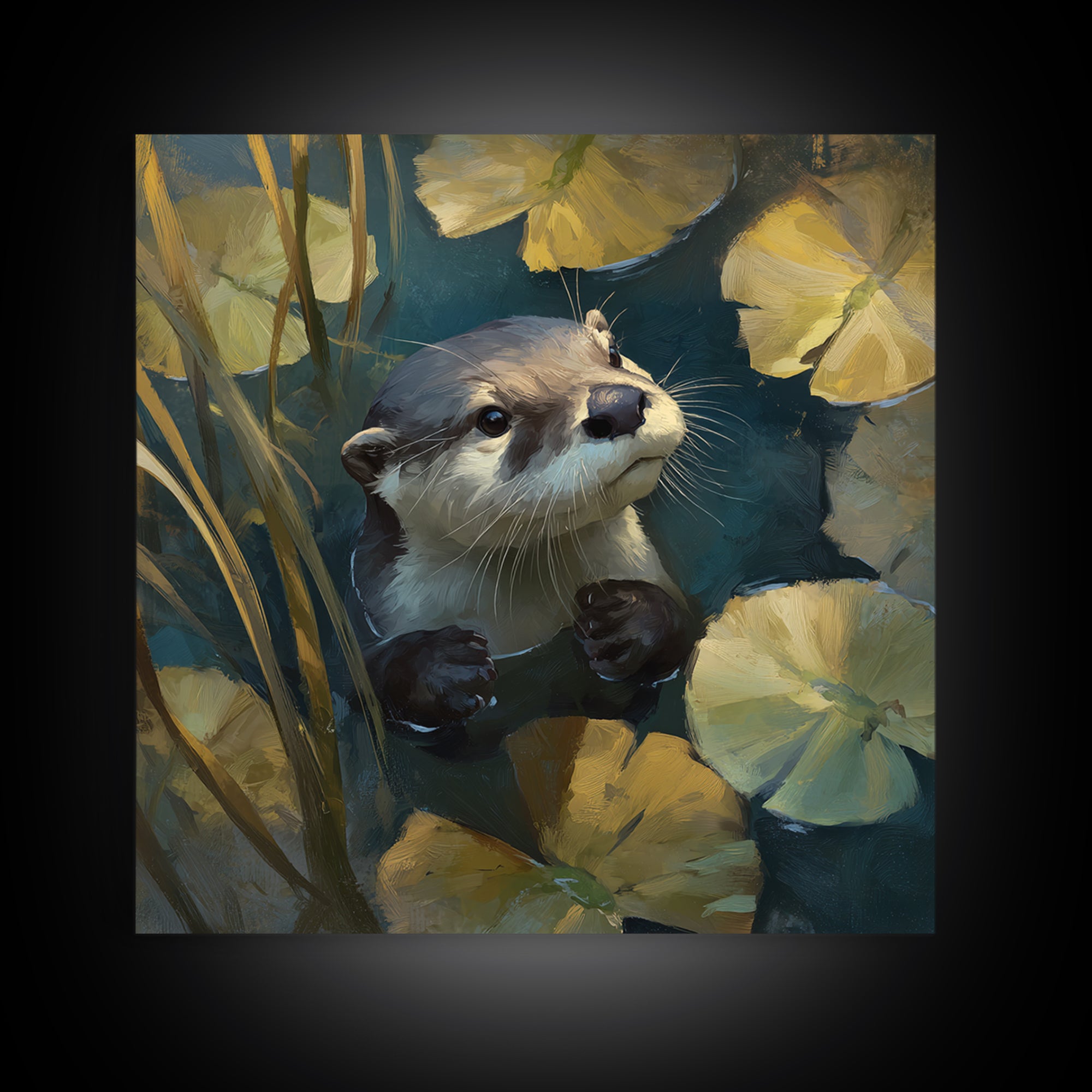 Playful Otter Floating Among Lily Pads Framed Canvas Print, Animal Art, Modern Decor, Living Room Decor, Fine Art, Creature, ANI-1x1-80