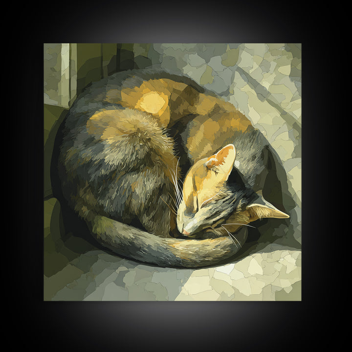 Sleeping Cat Curled Framed Canvas Print, Animal Art, Cat Art, Living Room Decor, Abstract Art, Creature, Art Print, ANI-1x1-84