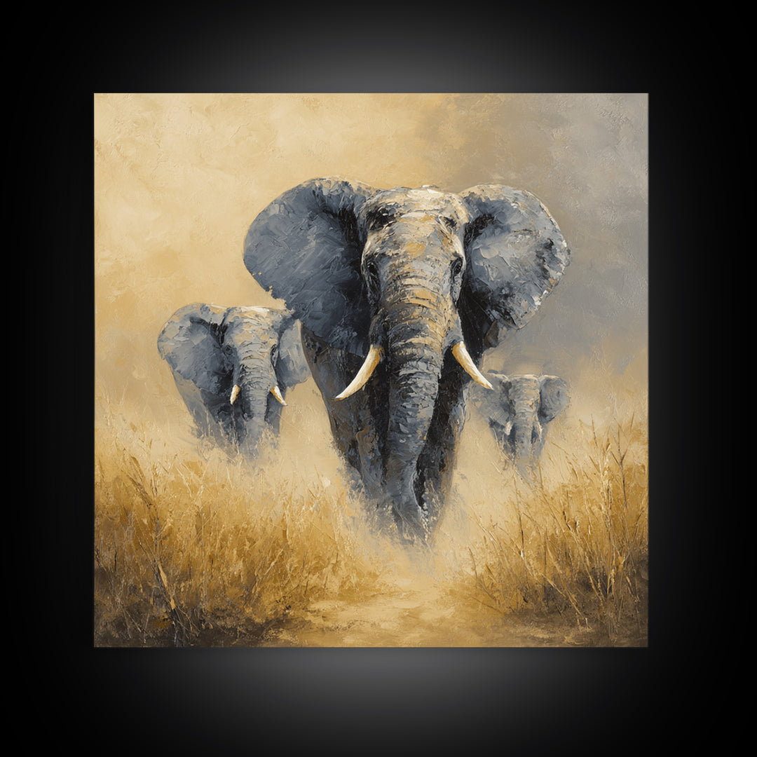 Elephant Family Walking Through Dusty Golden Light Canvas Print, Animal Art, Modern Decor, Living Room Decor, Creature, ANI-1x1-86